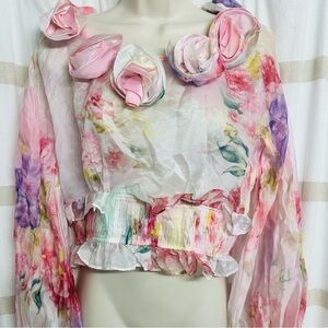 For Love & Lemons Women Pink Clear Silky Short Top Floral Roses Collard Neck Sm